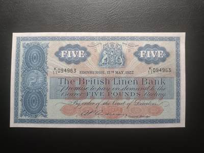 2025十一月第六期，总第204期 - 苏格兰不列颠亚麻银行1957年5镑AUNC，稀有的早期已结业银行中高面值