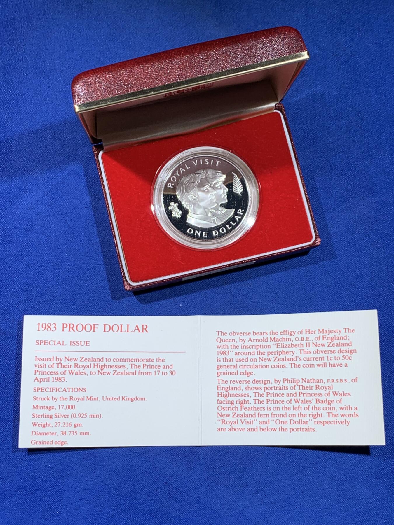 《竞宝斋》第441场 周日，周一，2场连拍 （全场包邮） 新西兰1983年精制一元银币，威尔士亲王和公主来访纪念，带原盒
