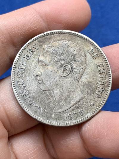 《竞宝斋》第441场 周日，周一，2场连拍 （全场包邮） - 西班牙 1875年 阿方索十二世 青年版 5比塞塔双柱银币 只发行了两年 通货好品 细节见图