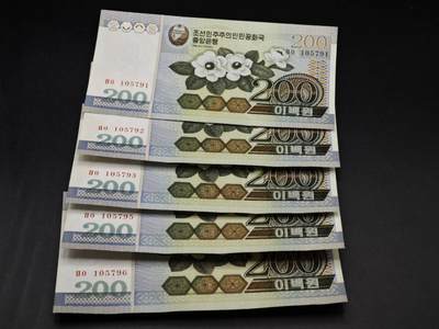 【淘币小摊】实时拍第八百零六拍   纸币场   满百包邮可预留二周 每周一统一发货   - 朝鲜2005年200元纸币5张