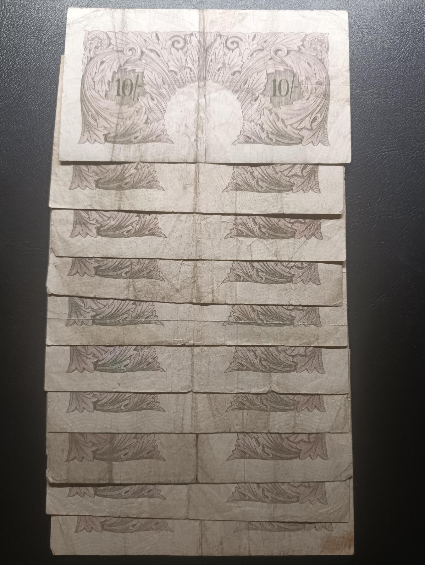 2025十一月第六期，总第204期 英格兰战时A序列10先令流通品相批量十张，有别于战前战后普通的红色版本用紫色印刷