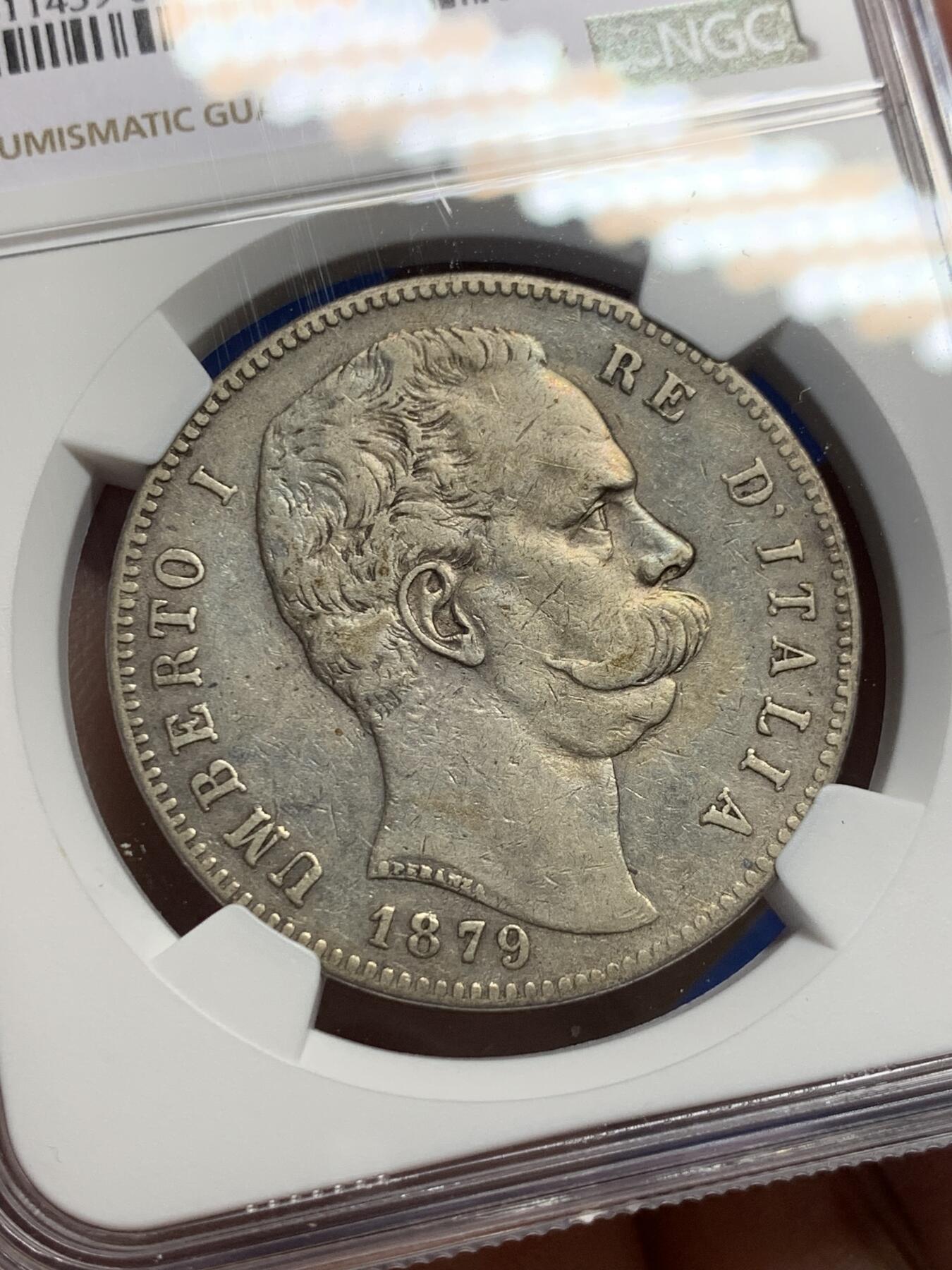 《竞宝斋》第441场 周日，周一，2场连拍 （全场包邮） NGC XFD 意大利1879年翁贝托一世5里拉银币 状态不错细节很好感觉是可以出分的