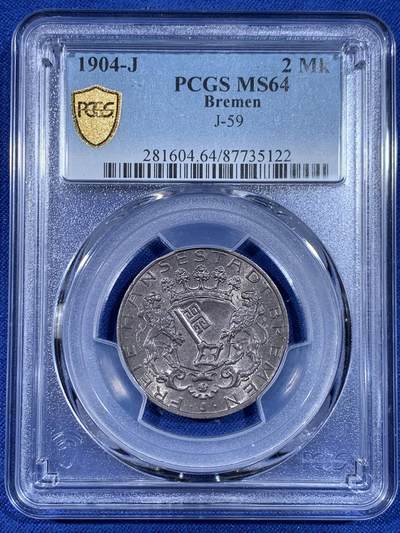 《竞宝斋》第441场 周日，周一，2场连拍 （全场包邮） - PCGS MS64 德国1904J 不莱美2马克 银币 双面原味深灰包浆，整体状态极优。