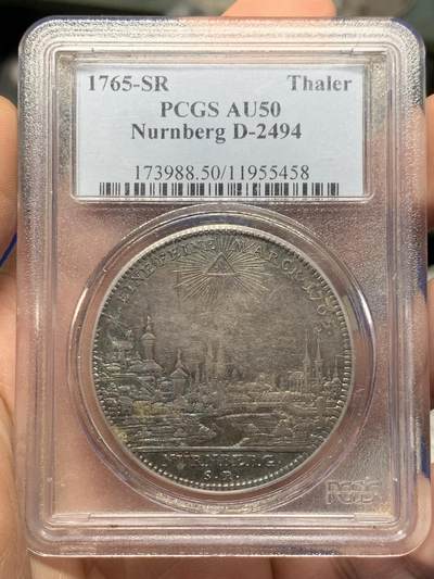 《竞宝斋》第441场 周日，周一，2场连拍 （全场包邮） - PCGS AU50  德国纽伦堡1765年双头鹰景观泰勒大银币 早期P盒 保存很不错 状态包浆同样惊人美丽