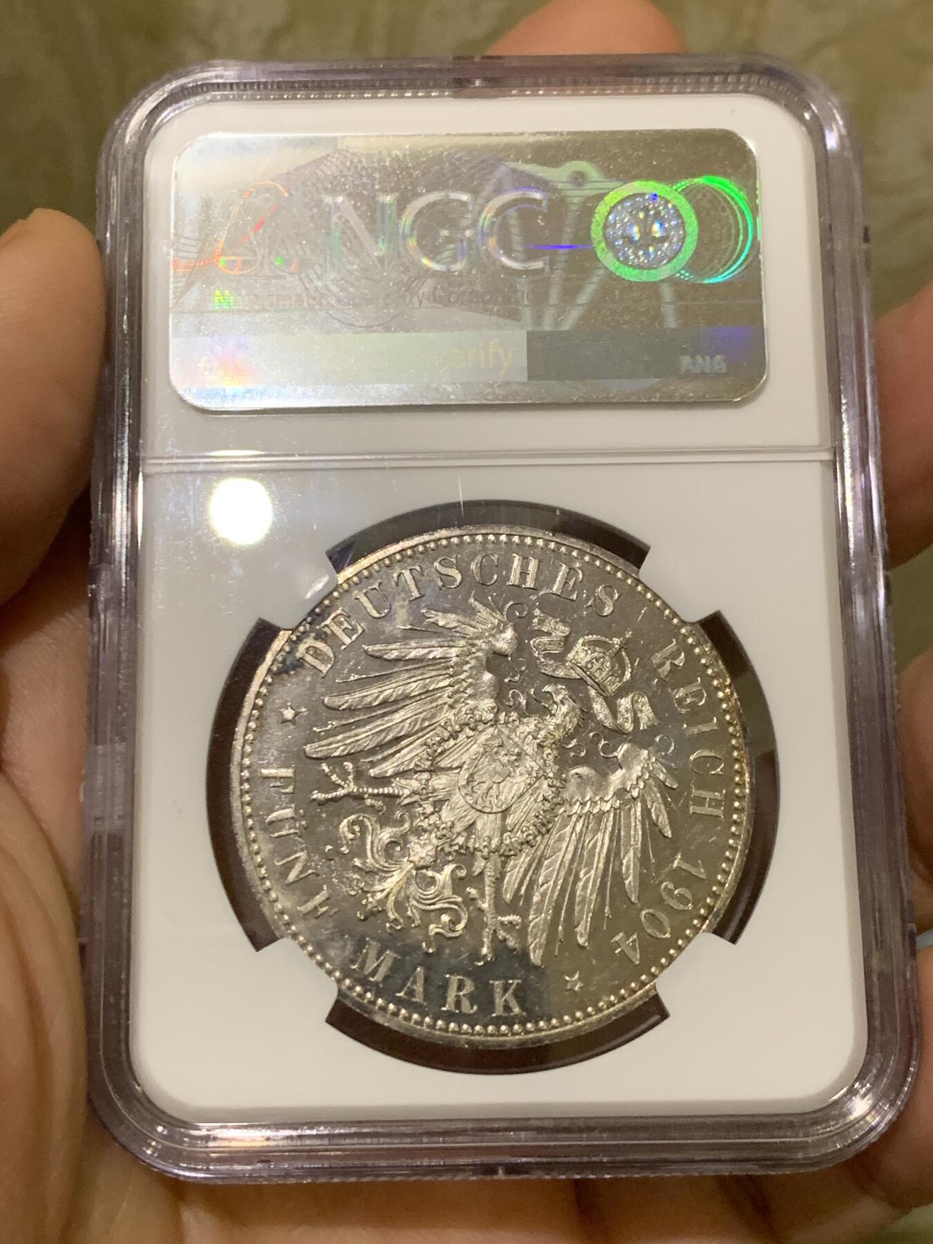 《竞宝斋》第441场 周日，周一，2场连拍 （全场包邮） NGC PF63 德国1904梅克伦堡什未林皇家大婚纪念5马克，发行量仅2500枚顶级小邦精制马克，镜面底板香槟色月牙彩，值得收藏