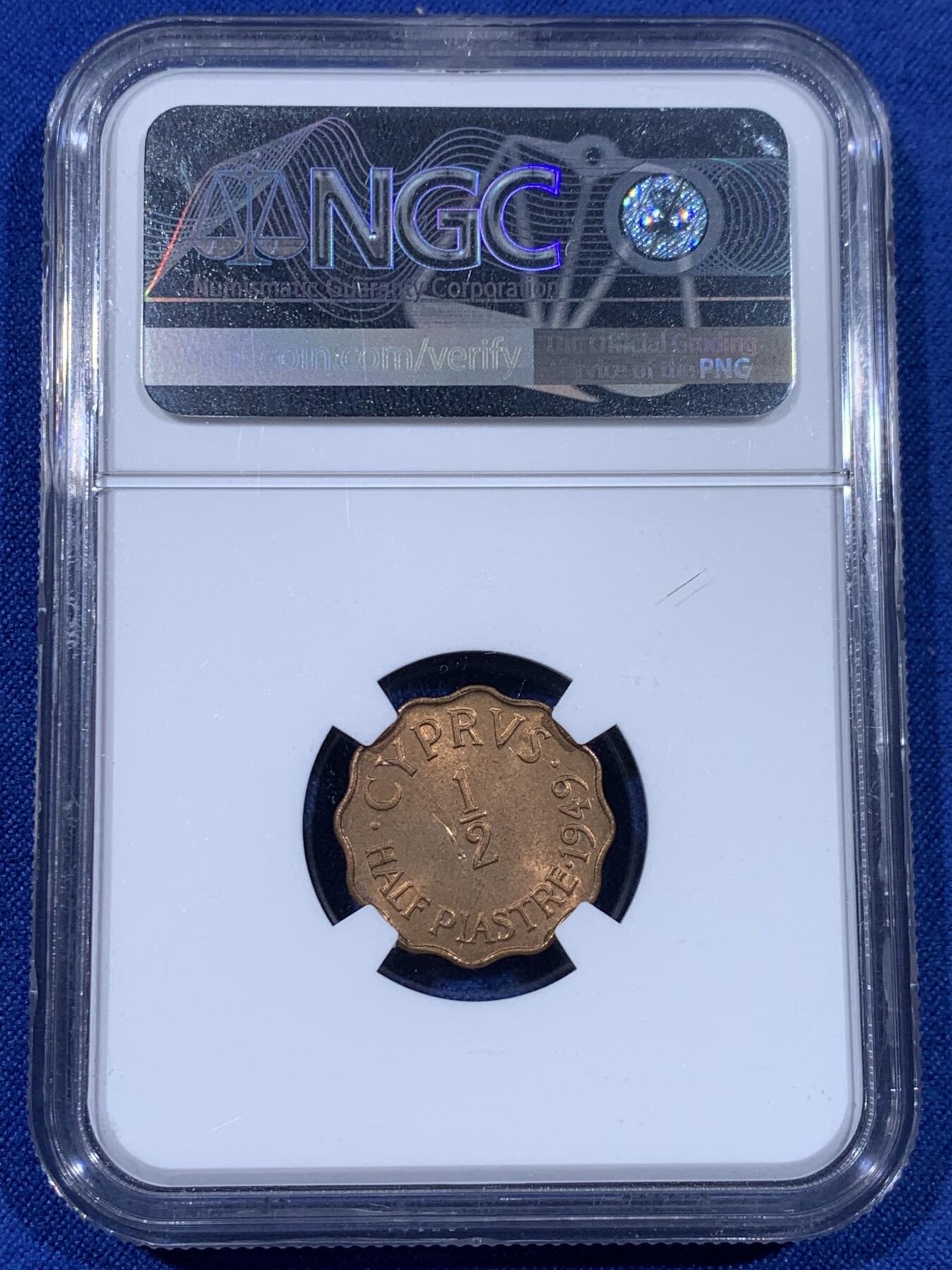 《竞宝斋》第441场 周日，周一，2场连拍 （全场包邮） 三枚一组 NGC UNC 铜币 大清宣统元宝新疆10文后铸版，塞浦路斯1949年1/2分，波浪形异形币，日本1915年1钱。