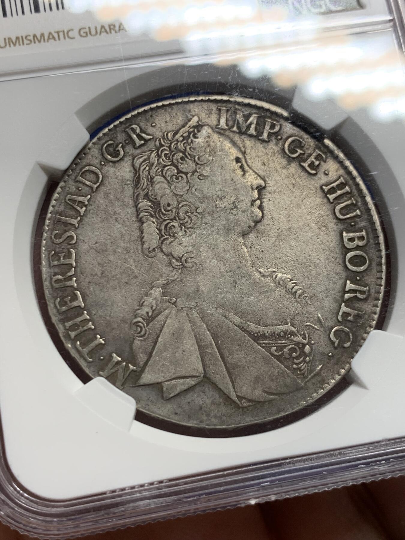 《竞宝斋》第441场 周日，周一，2场连拍 （全场包邮） NGC XFD 奥地利1763玛利亚特蕾莎1泰勒，帝国双头鹰银币。