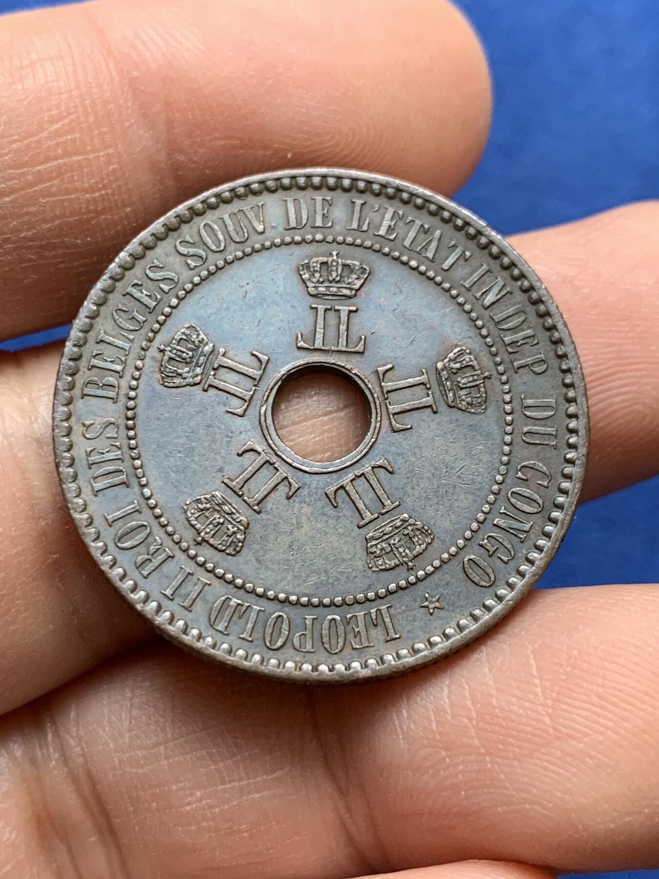 《竞宝斋》第441场 周日，周一，2场连拍 （全场包邮） 两枚一组 比属刚果，刚果自由邦1887年5分＋1889年10分，巧克力包浆