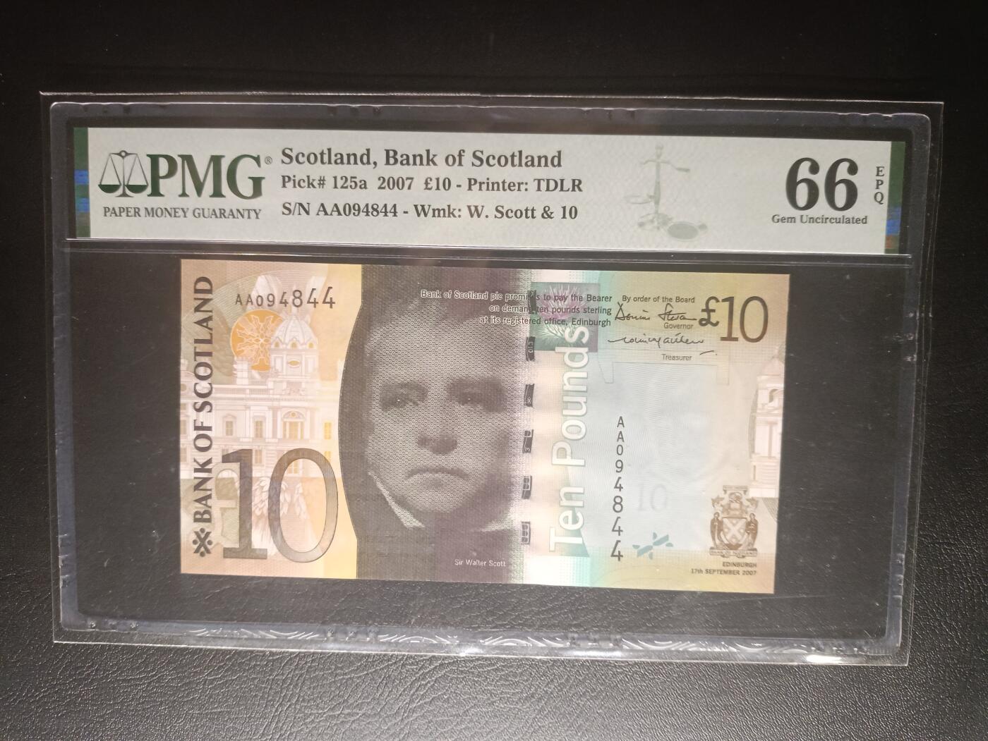 2025十一月第六期，总第204期 苏格兰银行2007年10镑PMG66epq，首冠AA，诗人沃尔特斯科特