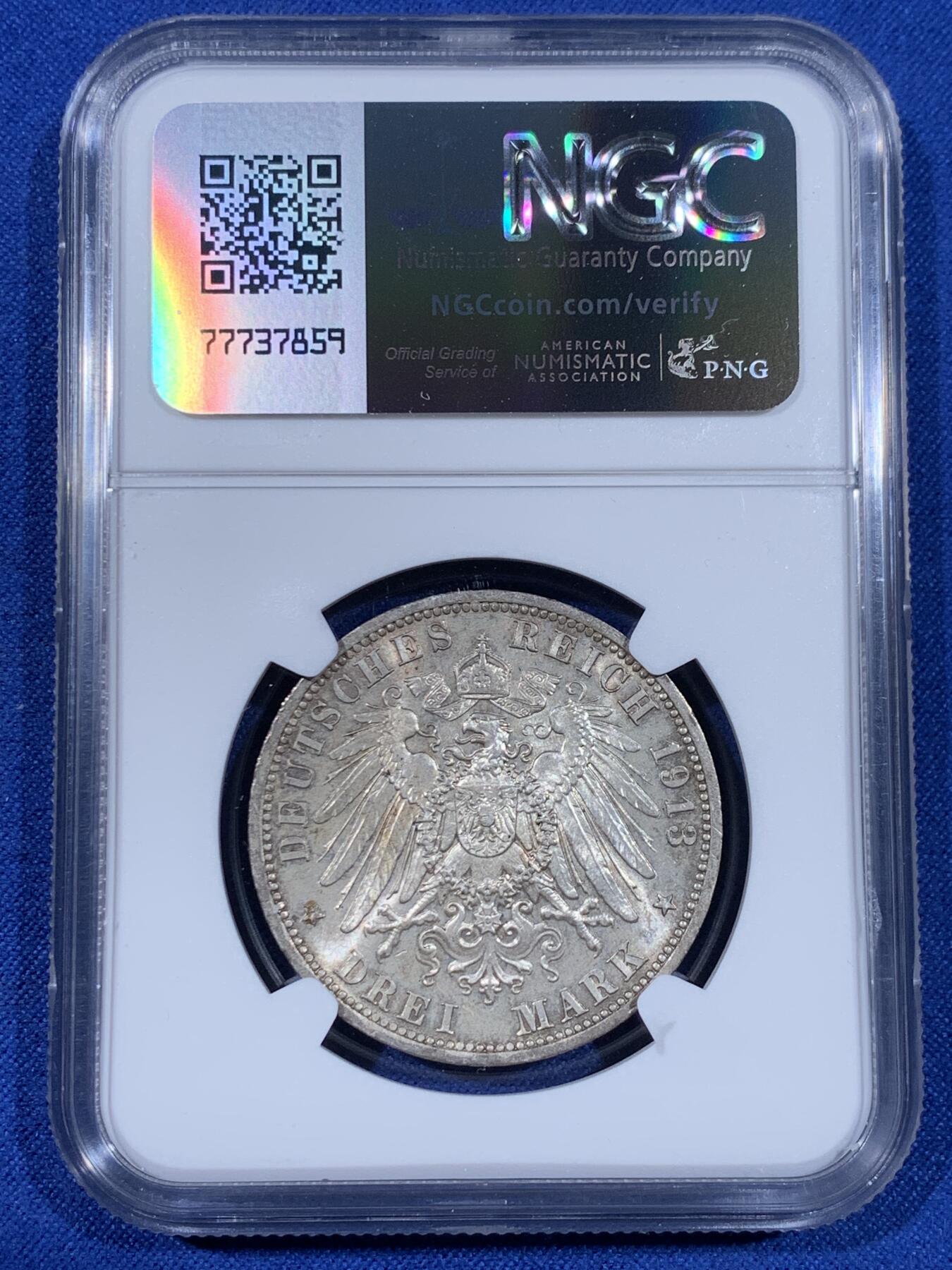 《竞宝斋》第441场 周日，周一，2场连拍 （全场包邮） NGC MS62 德国1913年普鲁士威廉二世军装花枝3马克银币