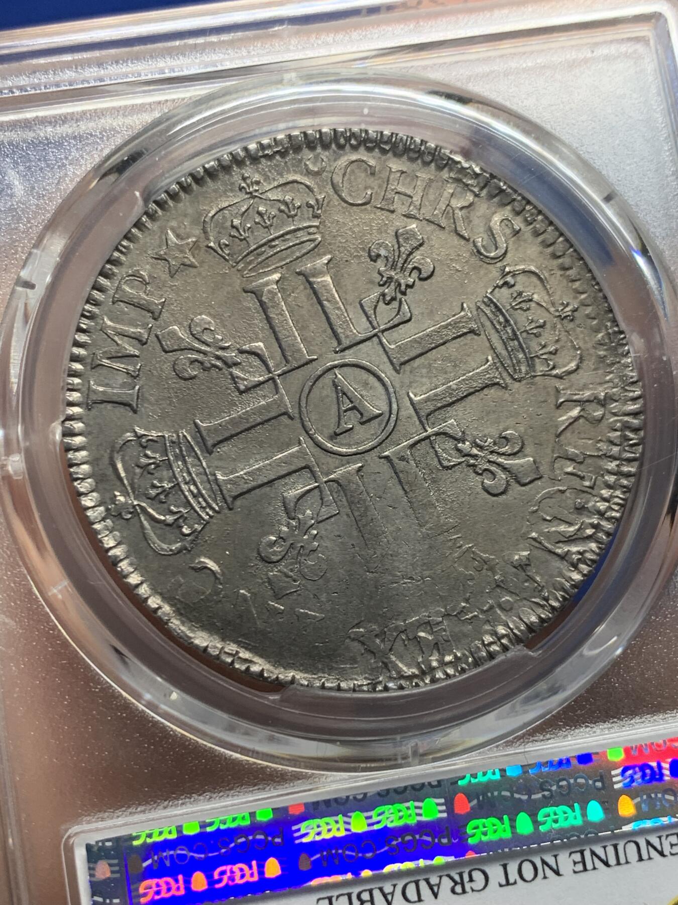 《竞宝斋》第441场 周日，周一，2场连拍 （全场包邮） PCGS AUD 法国1691年路易十四1埃及大银币  极其少见的早期8L大皇冠版本，紫罗兰包浆低评，底板好，压印清晰，巴黎厂