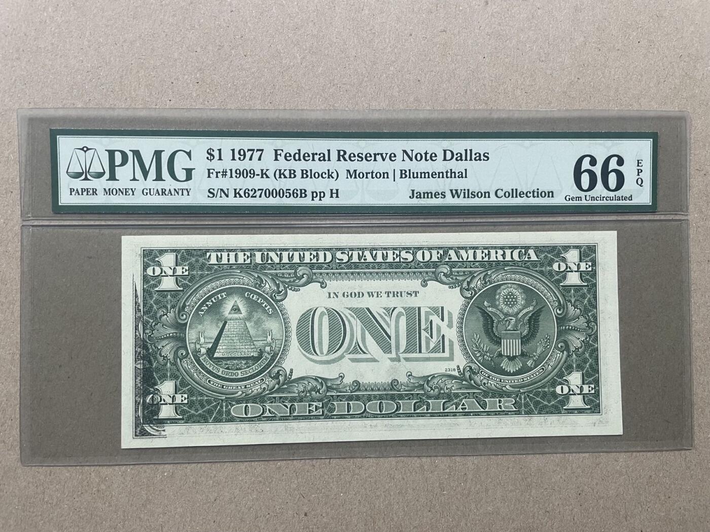 美国1977年1元 错版 达拉斯联储发行 PMG66EPQ K62700056B