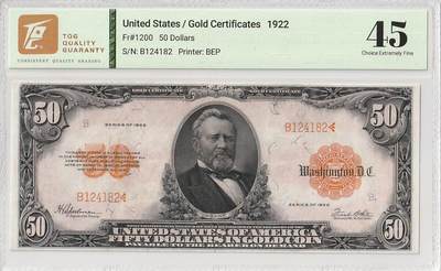2025十一月第六期，总第204期 - 压轴珍品，美国1922年金币券50元TQG45分，在本就稀有的金币券中更加少见的“small s/n mule”版本，作为在当年是一笔巨款的黄金兑换券令很多美元藏家望而不可即，也基本是此品种少数几次在国内现身，是机不可失的珍贵品种