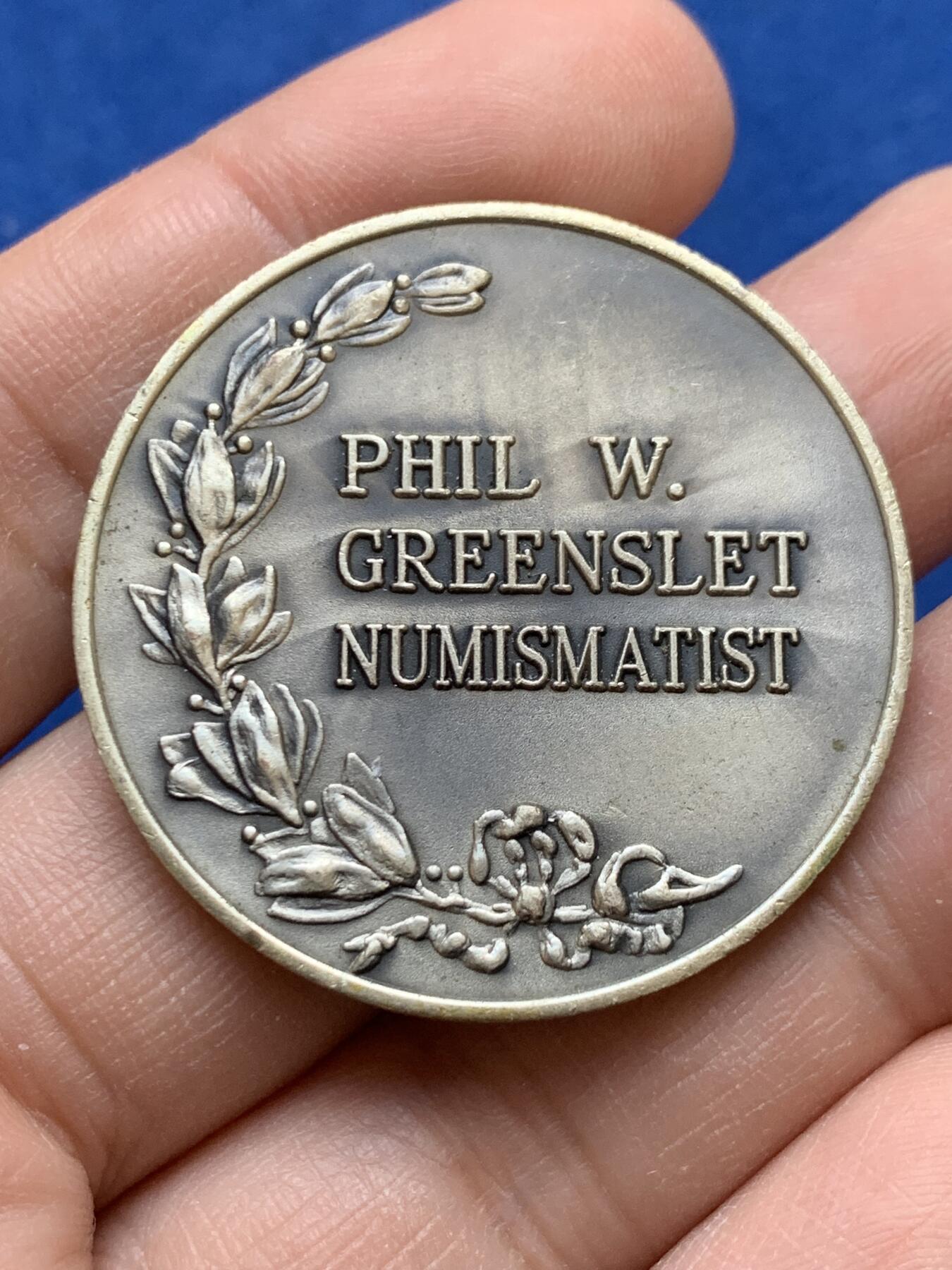 《竞宝斋》第441场 周日，周一，2场连拍 （全场包邮） 法国菲尔·伍德·格林莱特白金属纪念章 直径38MM 重约23.1g