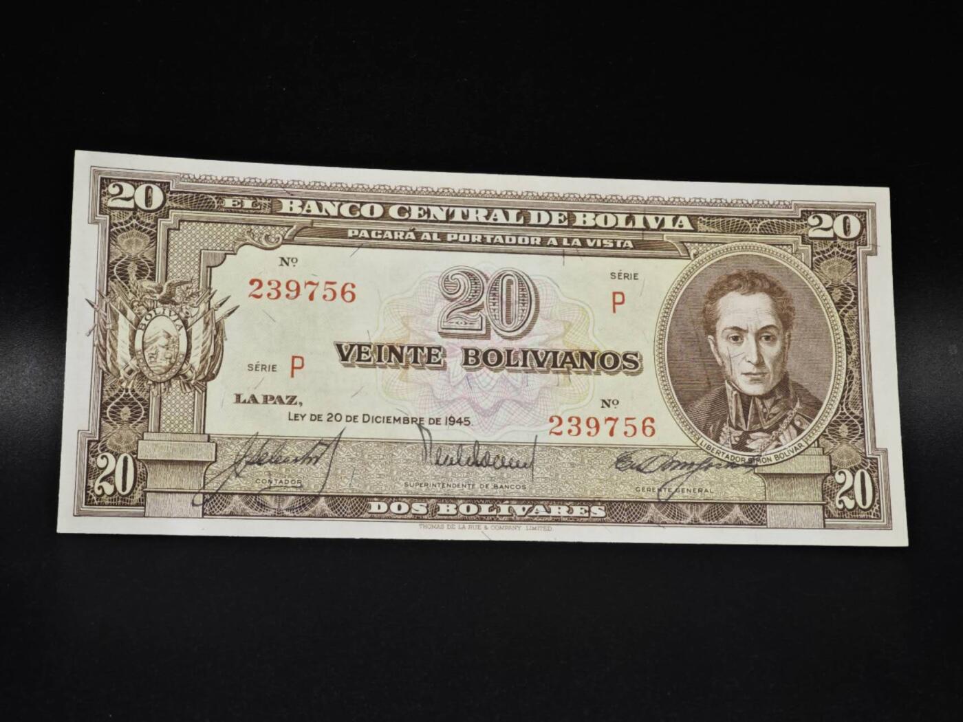 【淘币小摊】实时拍第八百零六拍   纸币场   满百包邮可预留二周 每周一统一发货   玻利维亚1945年20玻利瓦尔纸币