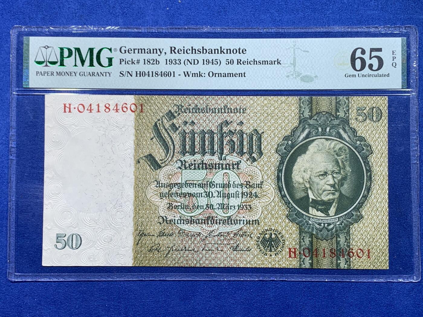 《竞宝斋》第441场 周日，周一，2场连拍 （全场包邮） PMG 65EPQ 德国 1933年50马克 墨丘利