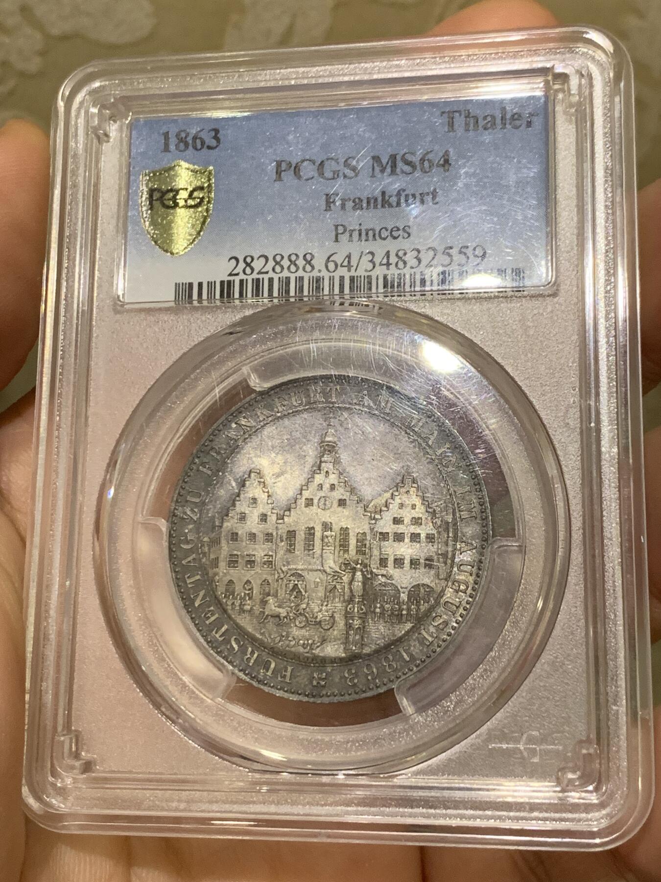 《竞宝斋》第441场 周日，周一，2场连拍 （全场包邮） PCGS MS64 德国1863年法兰克福王子会议泰勒 五彩包浆非常给力的状态