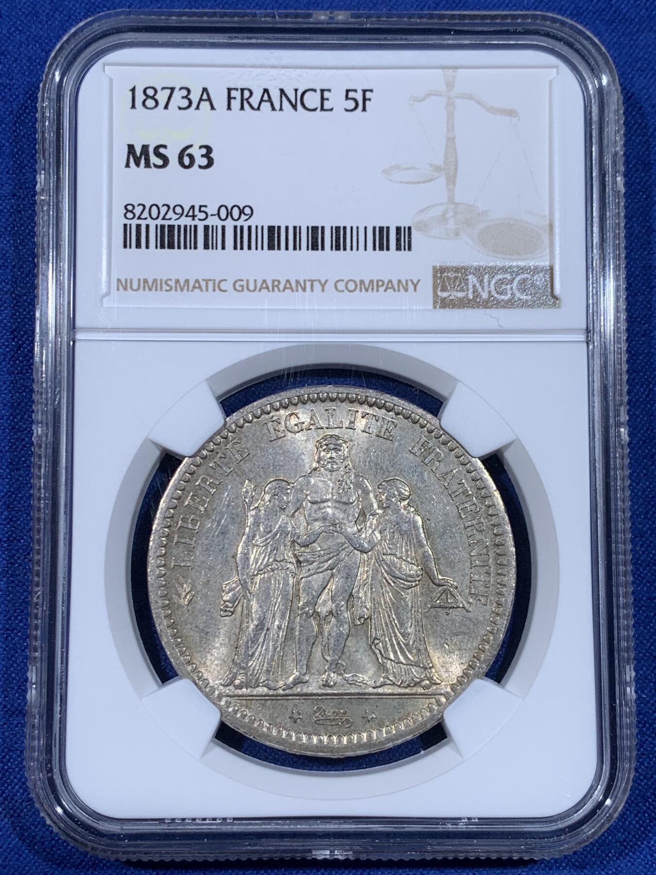 《竞宝斋》第441场 周日，周一，2场连拍 （全场包邮） NGC MS63 法国1873年大力神5法郎银币 黄光柔美 转光丝滑