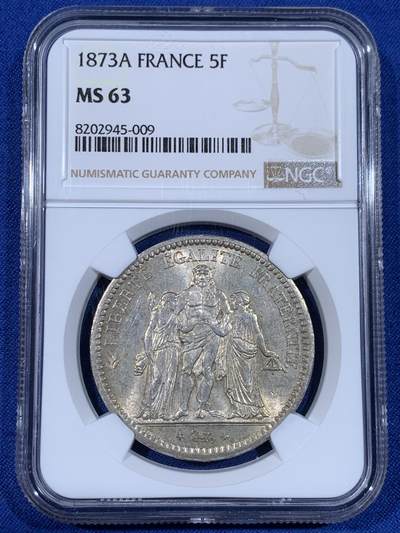《竞宝斋》第441场 周日，周一，2场连拍 （全场包邮） - NGC MS63 法国1873年大力神5法郎银币 黄光柔美 转光丝滑