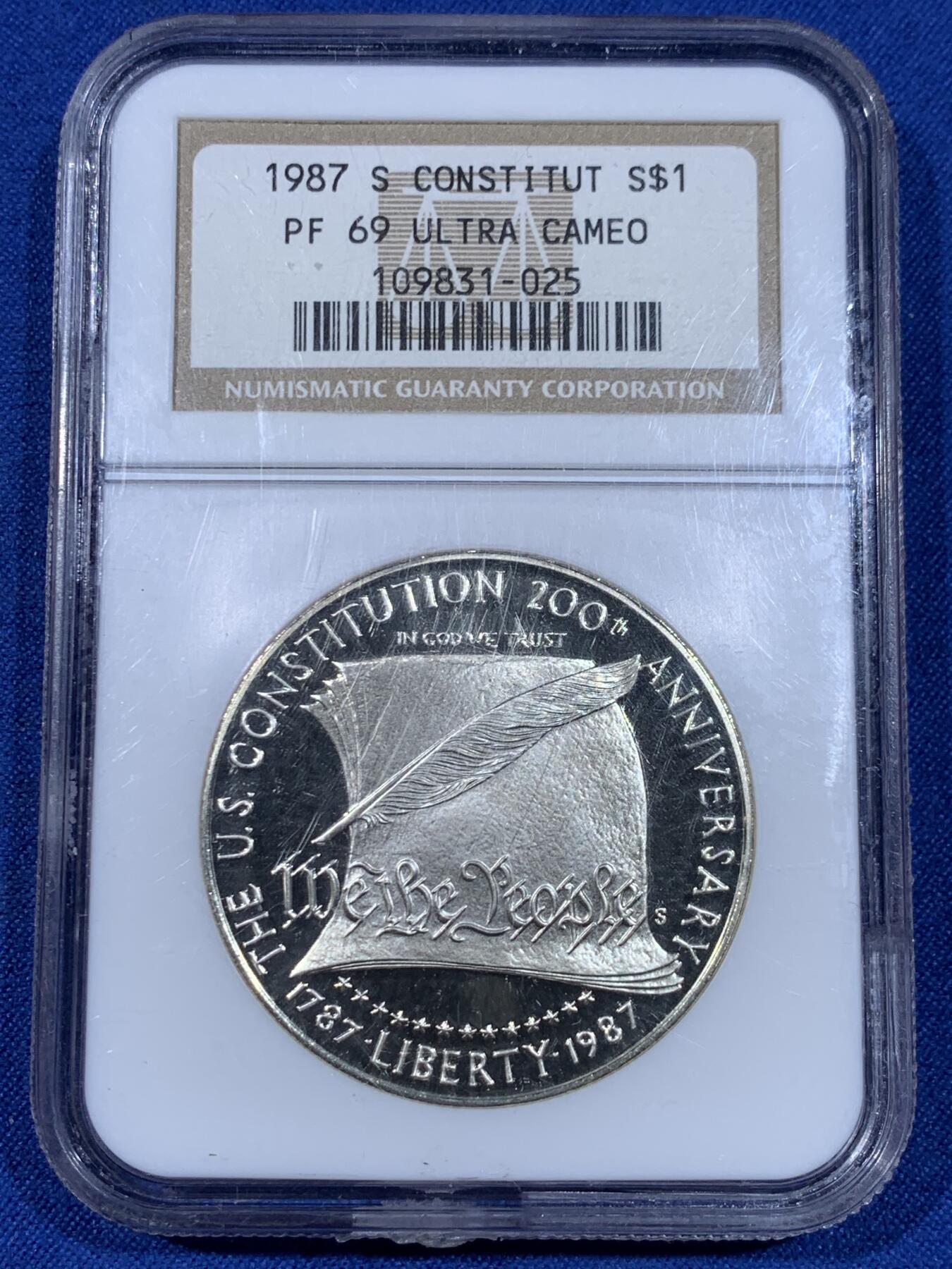 《竞宝斋》第441场 周日，周一，2场连拍 （全场包邮） NGC PF69UC 1987年美国宪法1美元银币