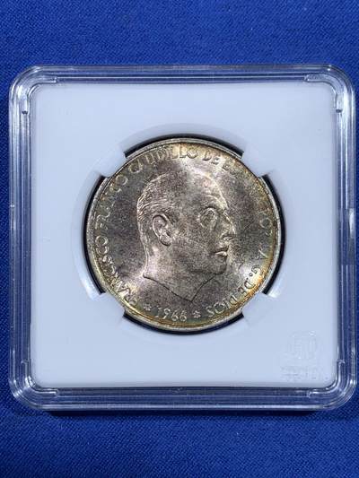 《竞宝斋》第441场 周日，周一，2场连拍 （全场包邮） - 西班牙 1966年 弗朗哥 100比赛塔银币 BU品相 淡彩转光绚丽