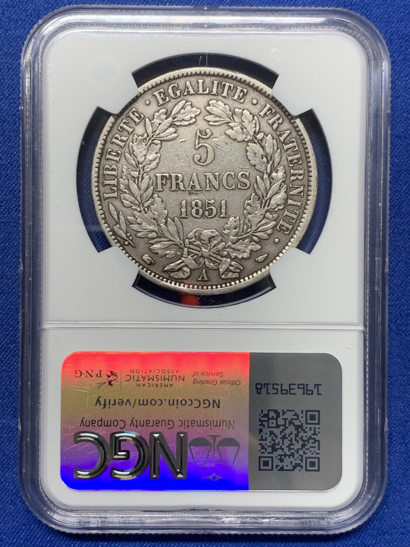 《竞宝斋》第441场 周日，周一，2场连拍 （全场包邮） NGC XF40 法国1851年A 谷物女神5法郎箴言版大银币 原汁原味热门品种