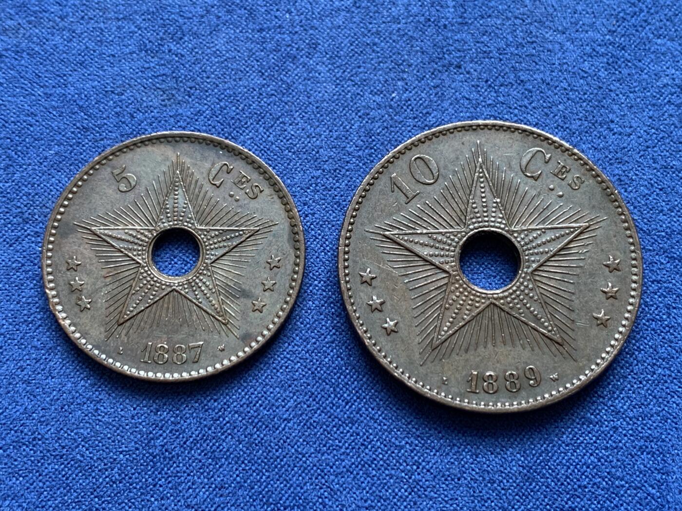 《竞宝斋》第441场 周日，周一，2场连拍 （全场包邮） 两枚一组 比属刚果，刚果自由邦1887年5分＋1889年10分，巧克力包浆