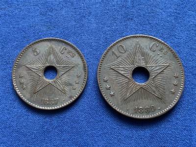 《竞宝斋》第441场 周日，周一，2场连拍 （全场包邮） - 两枚一组 比属刚果，刚果自由邦1887年5分＋1889年10分，巧克力包浆