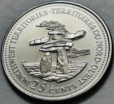 文馨钱币收藏第 282 场，【 长期接收代拍品】，加拿大老铜代用币，银币，德三系列场 - 少见全新未流通 1992 年加拿大 西北地区成立 125 周年 25 分纪念币