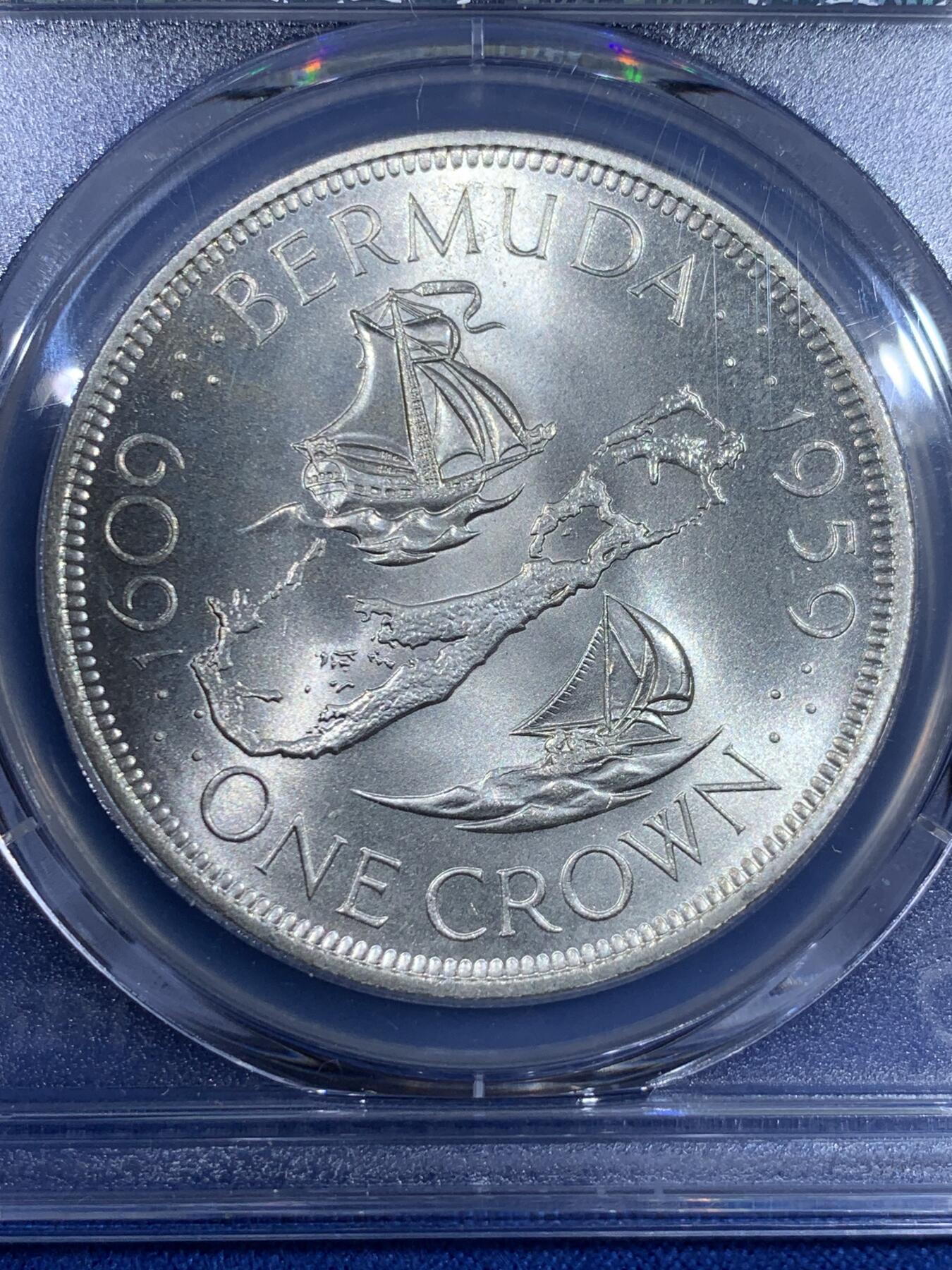 《竞宝斋》第441场 周日，周一，2场连拍 （全场包邮） PCGS MS66 百慕大1959年1克朗大银币