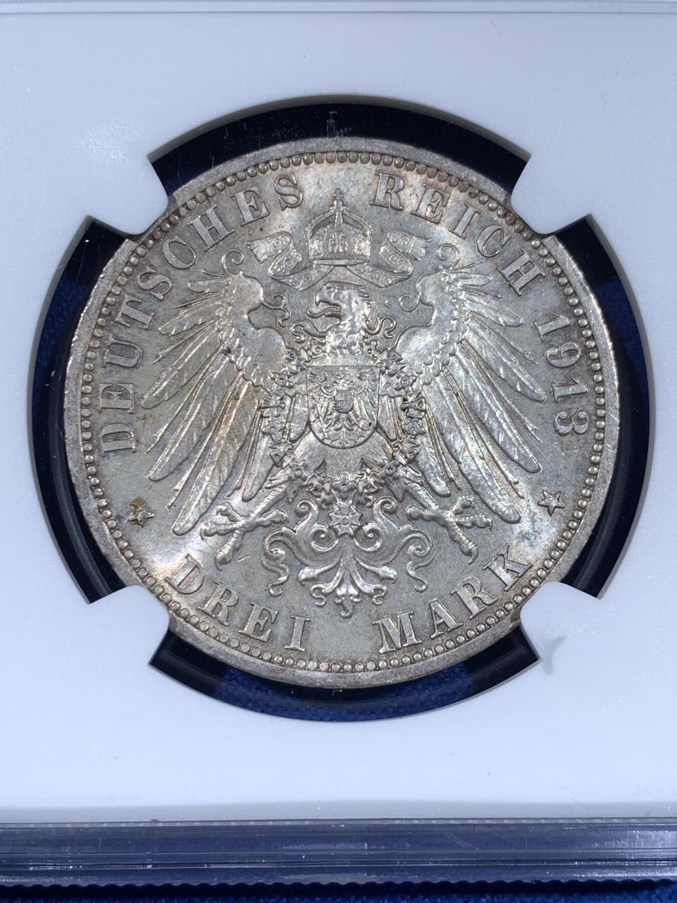 《竞宝斋》第441场 周日，周一，2场连拍 （全场包邮） NGC MS62 德国1913年普鲁士威廉二世军装花枝3马克银币