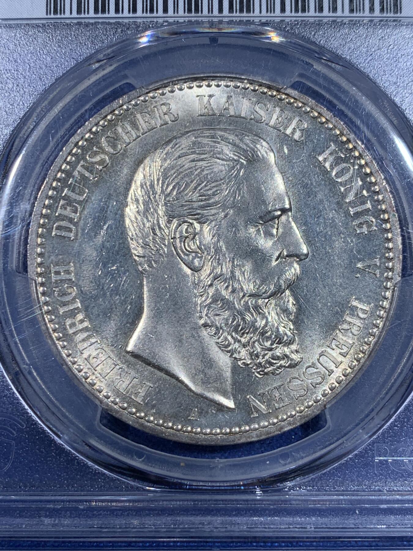 《竞宝斋》第441场 周日，周一，2场连拍 （全场包邮） PCGS MS63 德国 普鲁士 1888 A 弗里德里希三世 5马克 银币 稀有品相 包浆很舒服