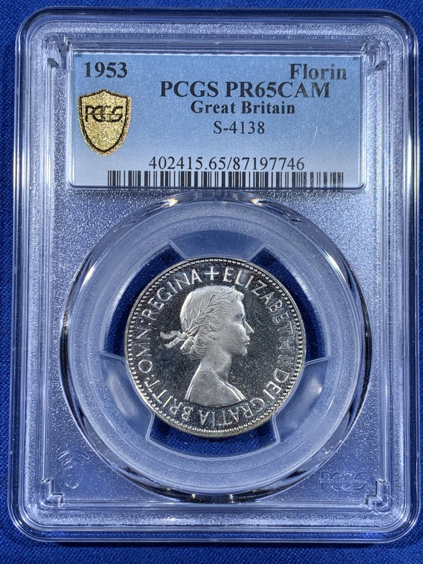 《竞宝斋》第441场 周日，周一，2场连拍 （全场包邮） PCGS PR65CAM  英国1953年伊丽莎白女王登基首年精铸弗洛林，原装拆出，凝霜镜面。此品种标CAM镜面很难，大多只有PR/PF。此枚高分+CAM，凑套必备