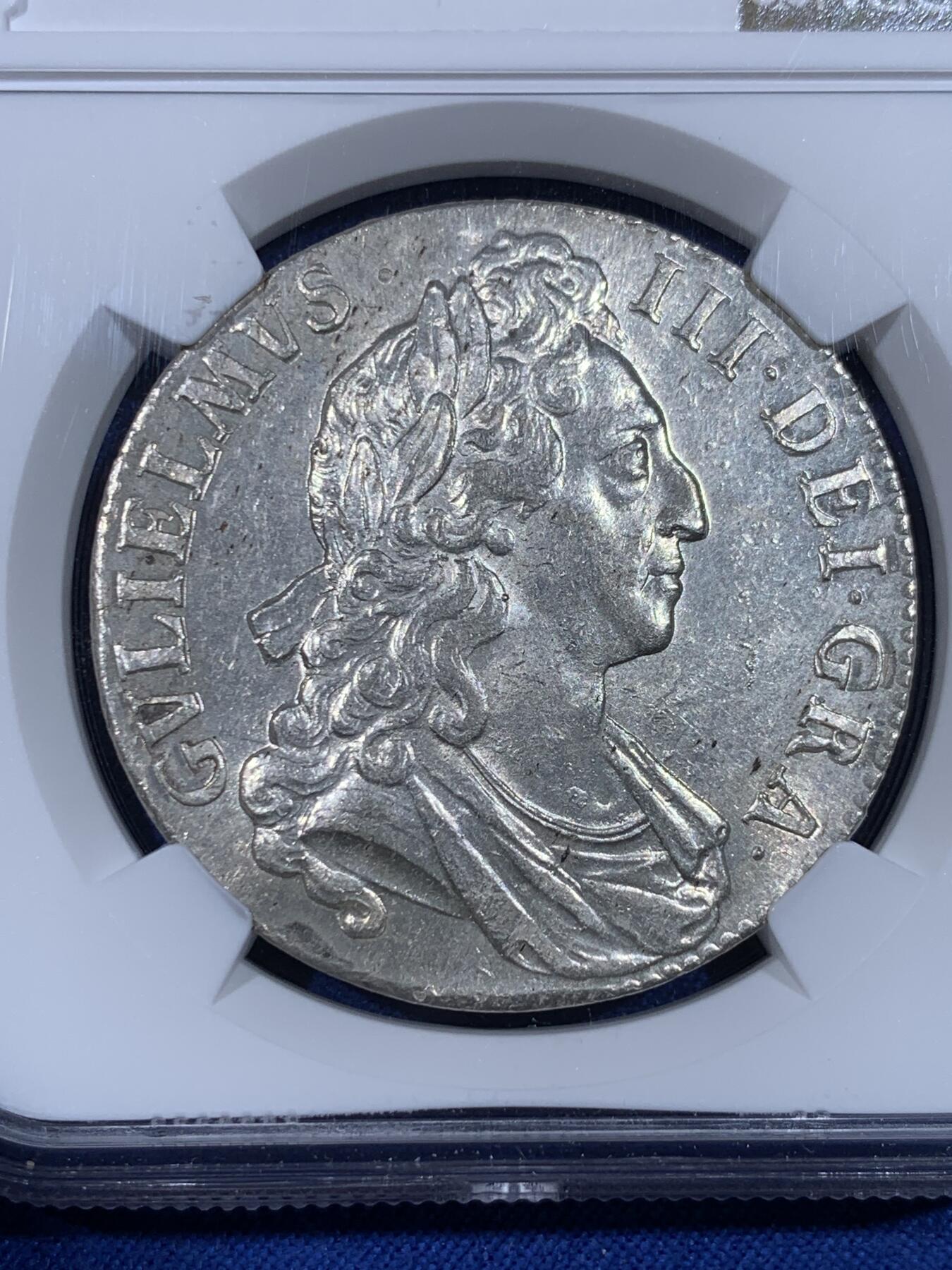 《竞宝斋》第441场 周日，周一，2场连拍 （全场包邮） NGC MS63 英国1695年 威廉三世1克朗银币 全币深打 原银光，历经300多年依然宛如新铸