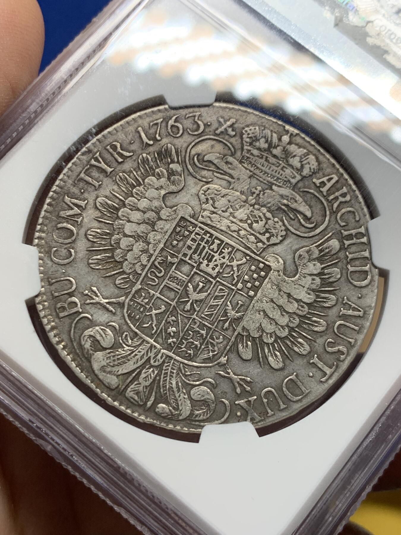 《竞宝斋》第441场 周日，周一，2场连拍 （全场包邮） NGC XFD 奥地利1763玛利亚特蕾莎1泰勒，帝国双头鹰银币。