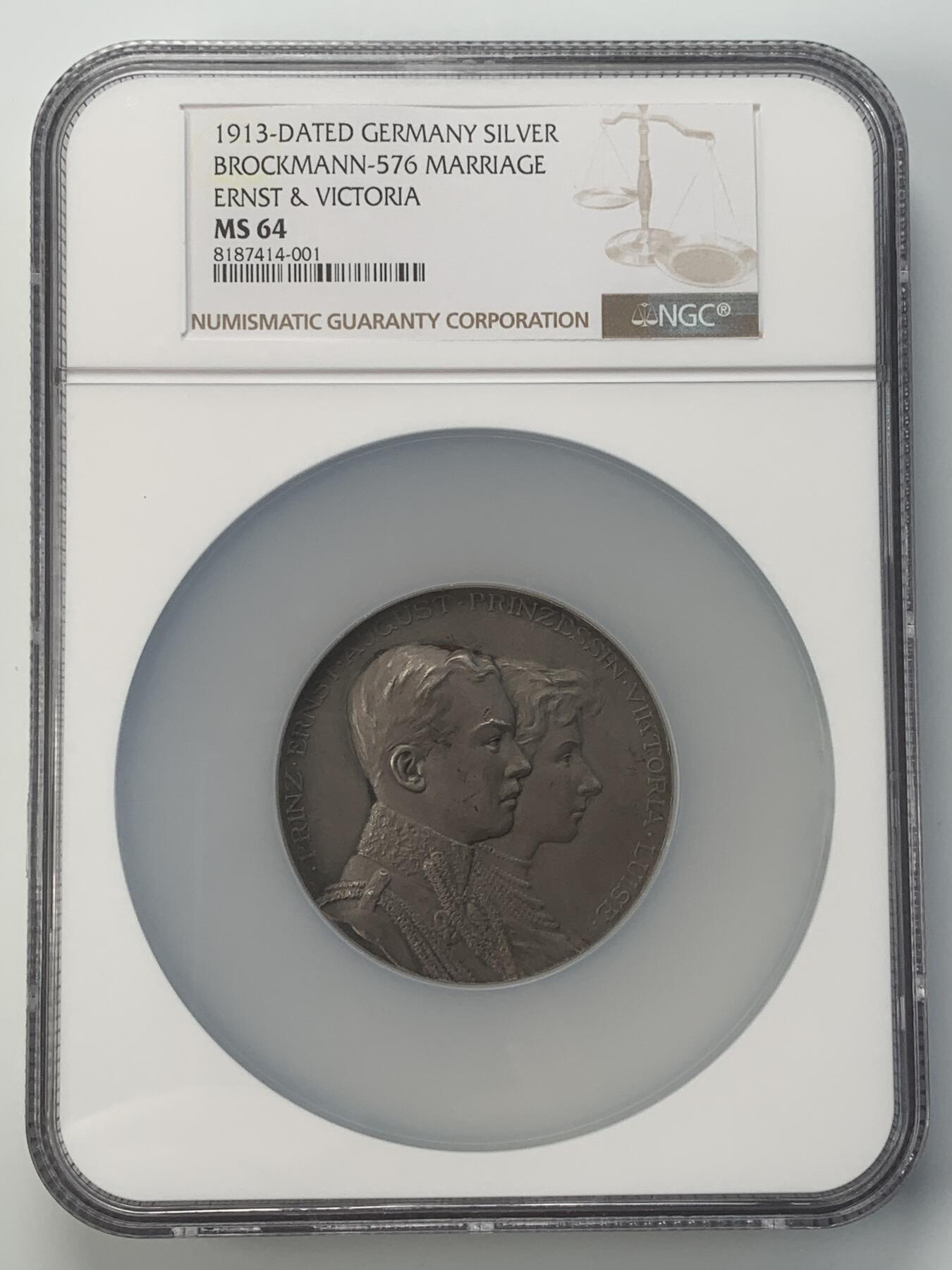 掌中浮雕-藏着的欧洲第043场 NGC MS64 : 1913年德国布伦瑞克奥古斯特王子和露易丝公主结婚纪念大银章， 56mm 