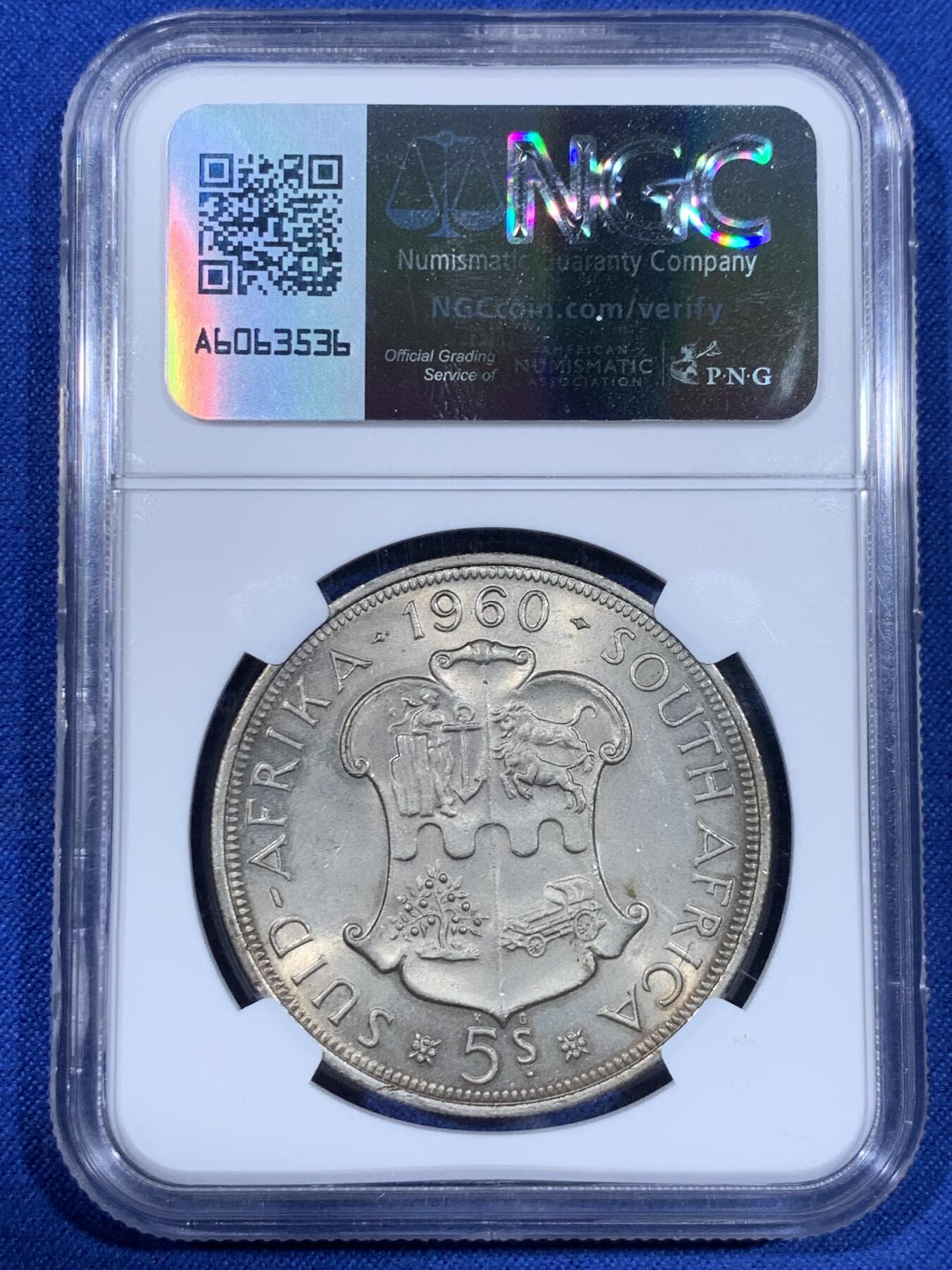 《竞宝斋》第441场 周日，周一，2场连拍 （全场包邮） NGC MS62 南非 1960 联合纪念 5先令大银币