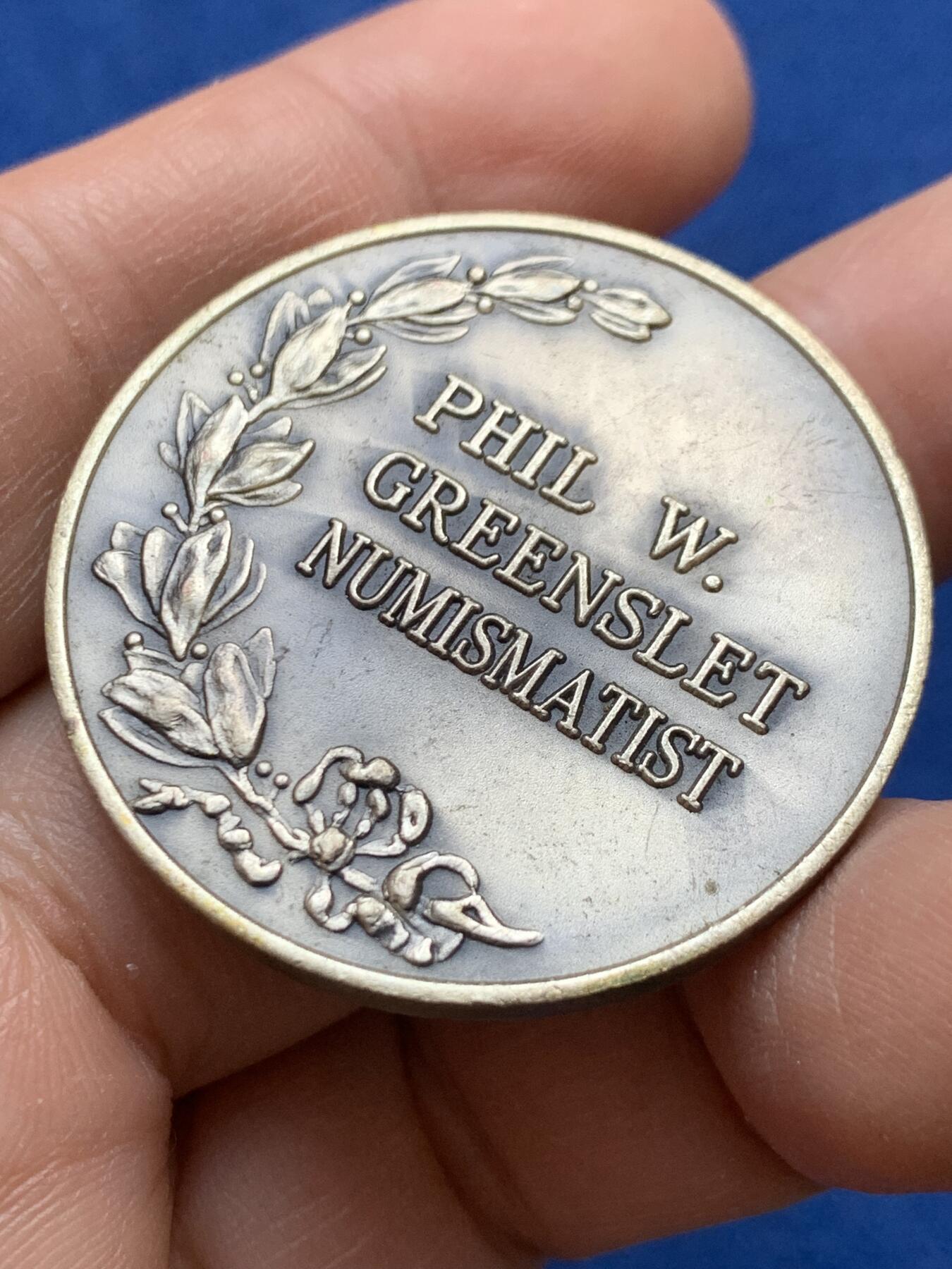 《竞宝斋》第441场 周日，周一，2场连拍 （全场包邮） 法国菲尔·伍德·格林莱特白金属纪念章 直径38MM 重约23.1g