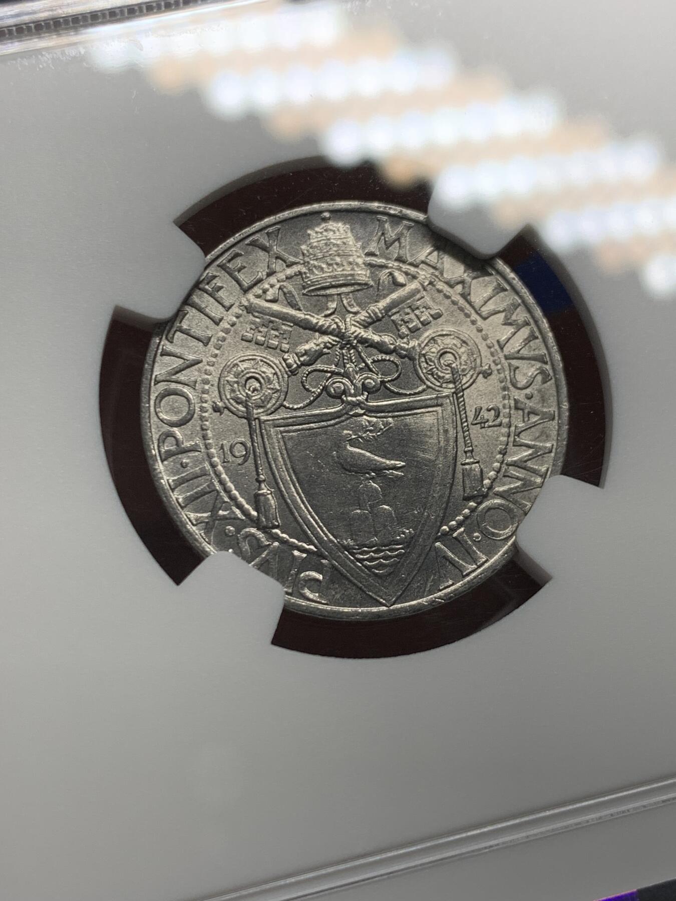 《竞宝斋》第441场 周日，周一，2场连拍 （全场包邮） NGC MS64 梵蒂冈1942年50C镍币