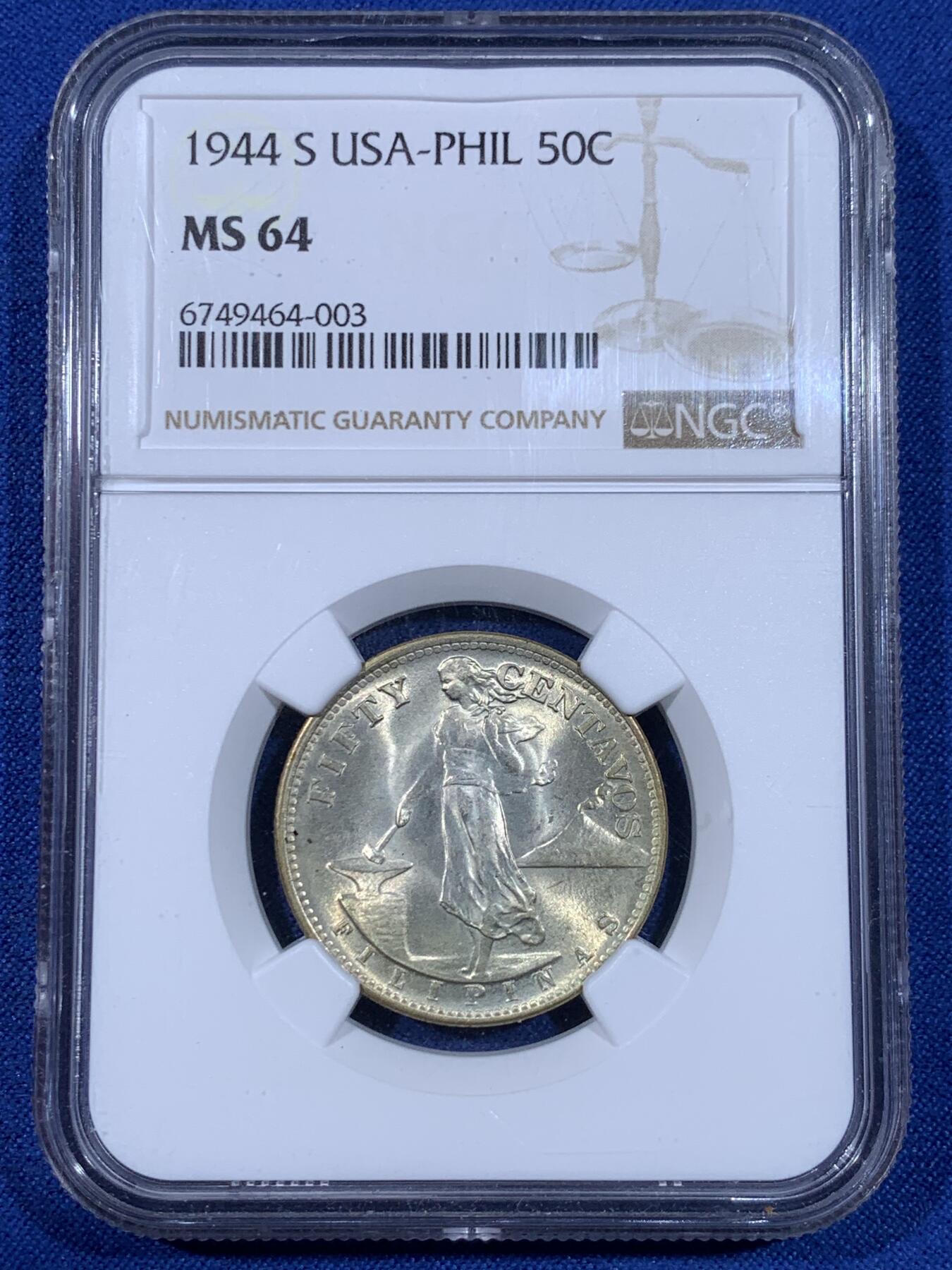 《竞宝斋》第441场 周日，周一，2场连拍 （全场包邮） NGC MS64 菲律宾1944年打铁50分, 非常好看的黄油包浆