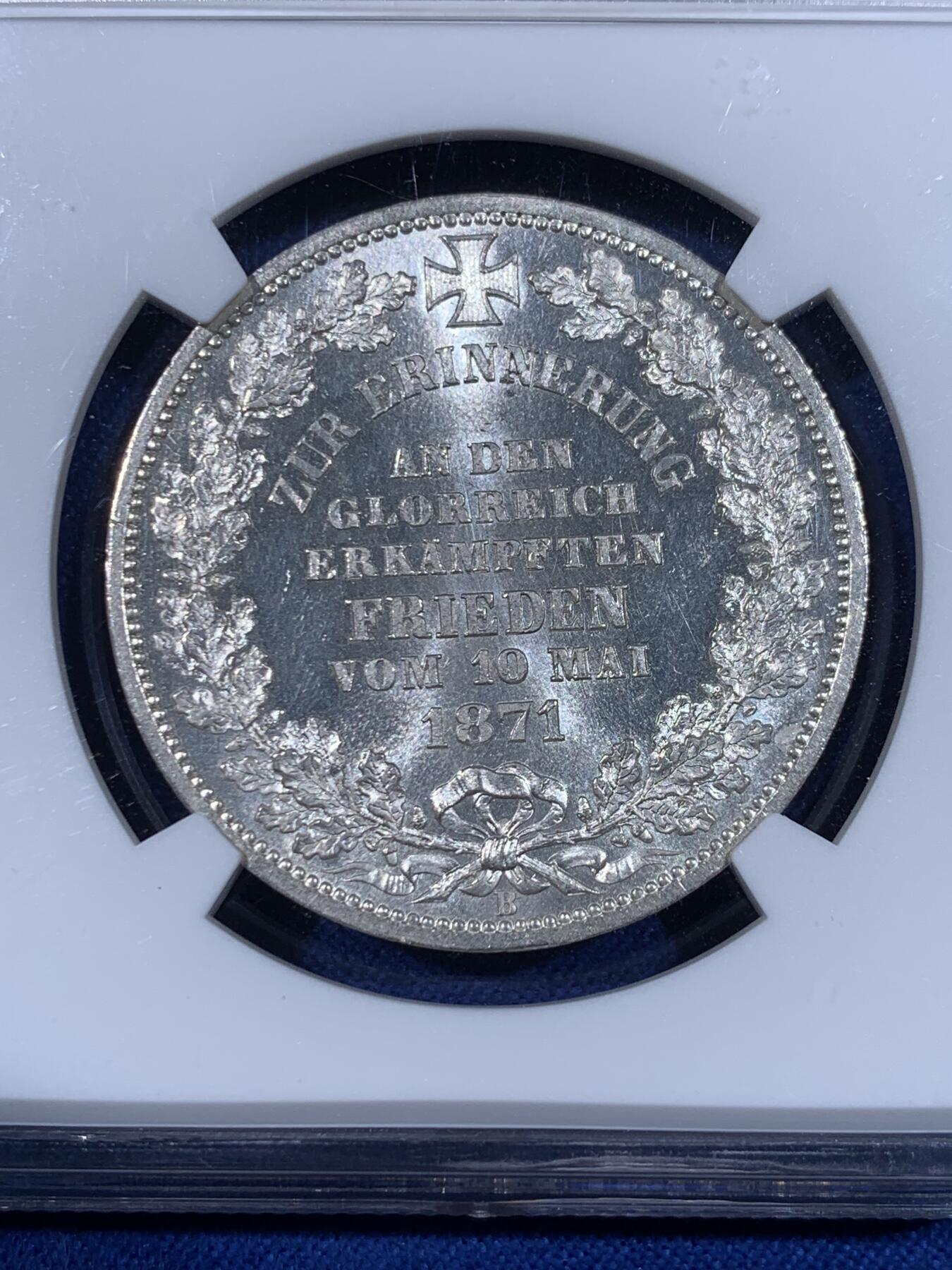 《竞宝斋》第441场 周日，周一，2场连拍 （全场包邮） NGC UNC 德国 不莱梅 1871 胜利泰勒 底板极美，转光养眼，可惜没分