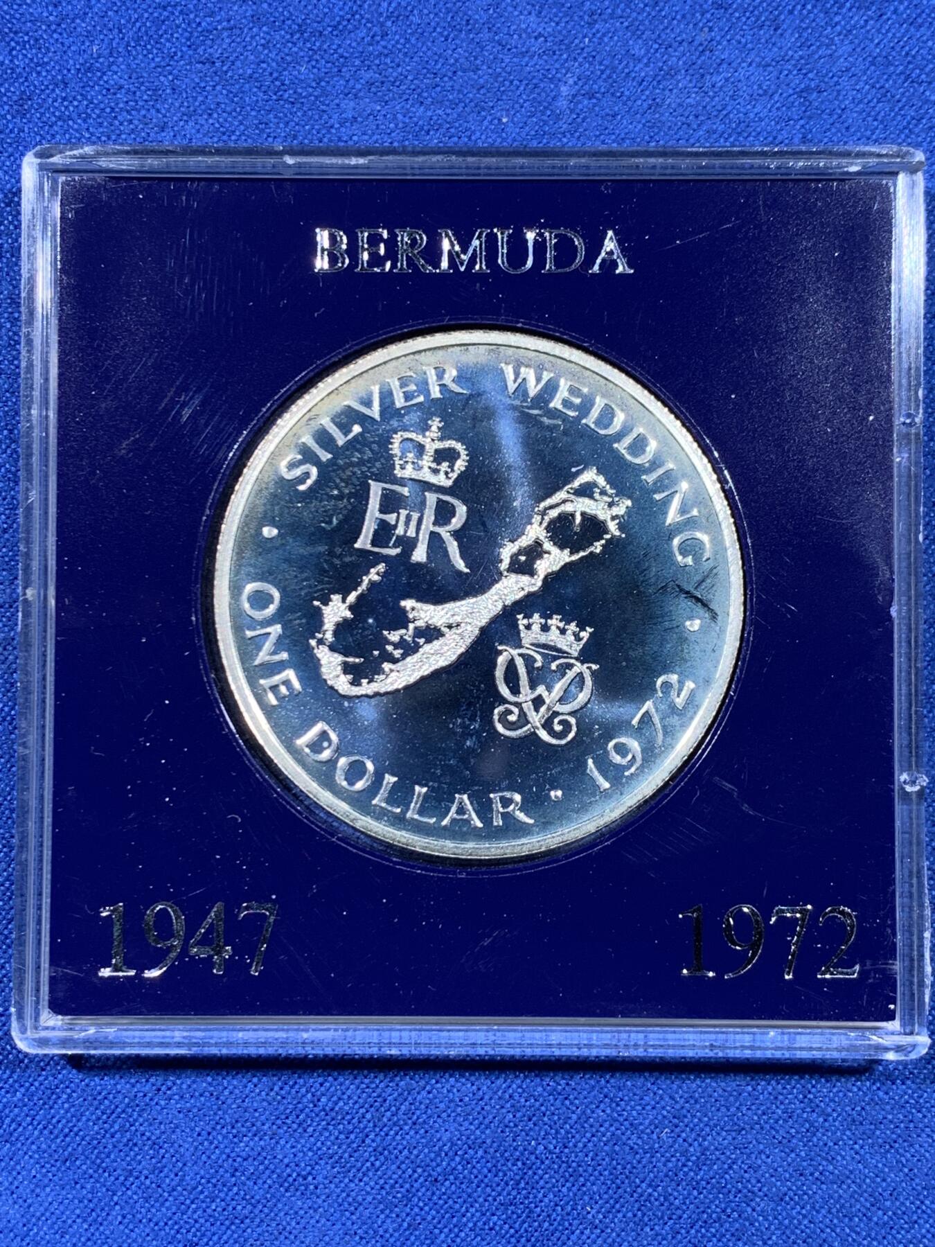 《竞宝斋》第441场 周日，周一，2场连拍 （全场包邮） 百慕大1972年伊丽莎白二世银婚精制大银币 原包装 28克 925银