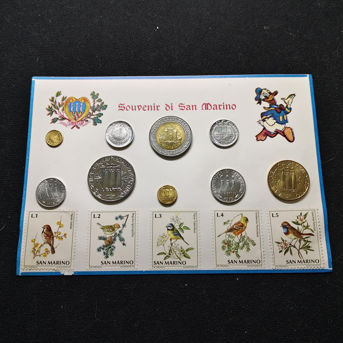 【全场包邮】纯粹捡漏拍480场（免费代拍第17场） 圣马力诺各年份9枚硬币5枚邮票旅游纪念套币-含500里拉双色币