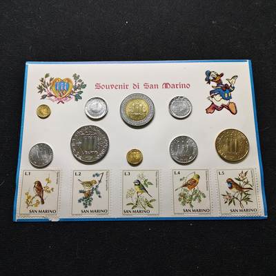 【全场包邮】纯粹捡漏拍480场（免费代拍第17场） - 圣马力诺各年份9枚硬币5枚邮票旅游纪念套币-含500里拉双色币