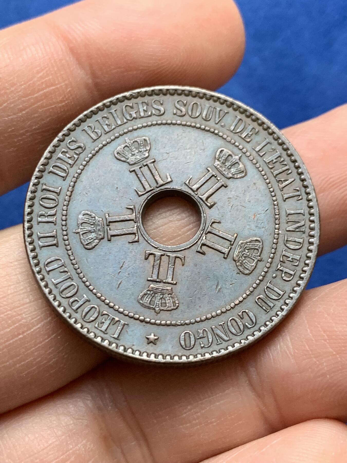 《竞宝斋》第441场 周日，周一，2场连拍 （全场包邮） 两枚一组 比属刚果，刚果自由邦1887年5分＋1889年10分，巧克力包浆