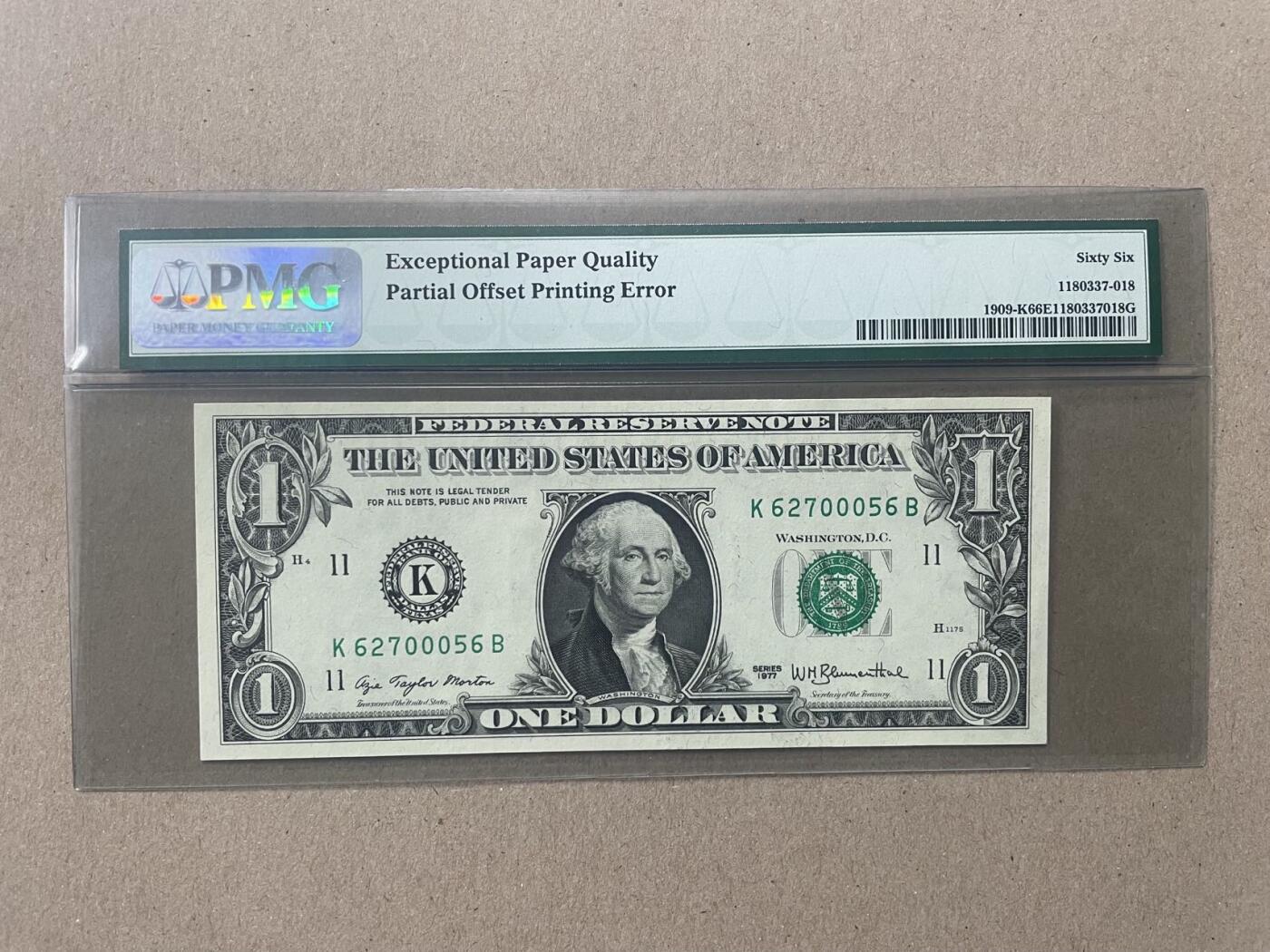 美国1977年1元 错版 达拉斯联储发行 PMG66EPQ K62700056B