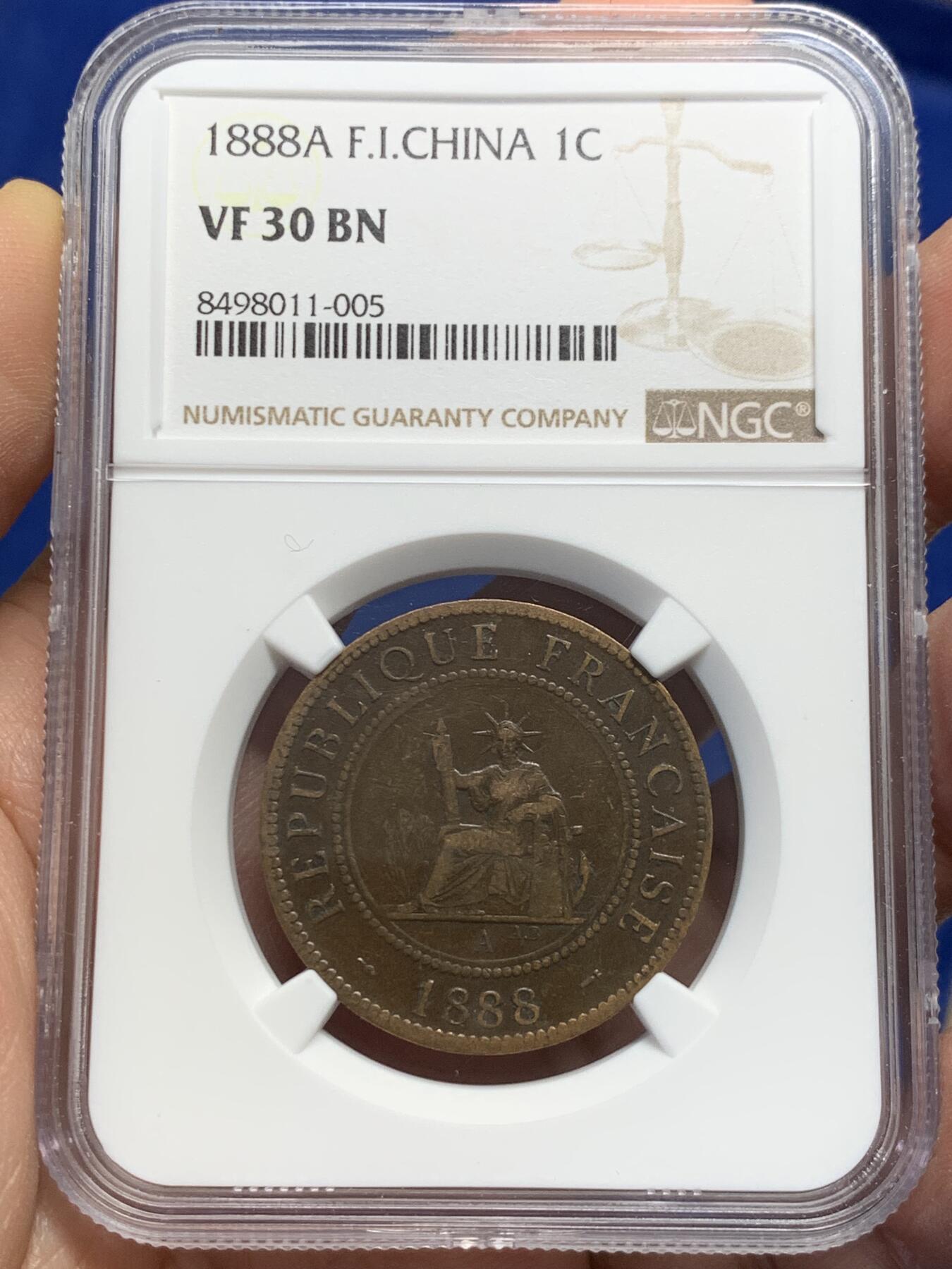 《竞宝斋》第441场 周日，周一，2场连拍 （全场包邮） NGC VF30BN 法属印支殖民地1888年1分铜币，特殊年份，少见带中文汉字的外国铜币