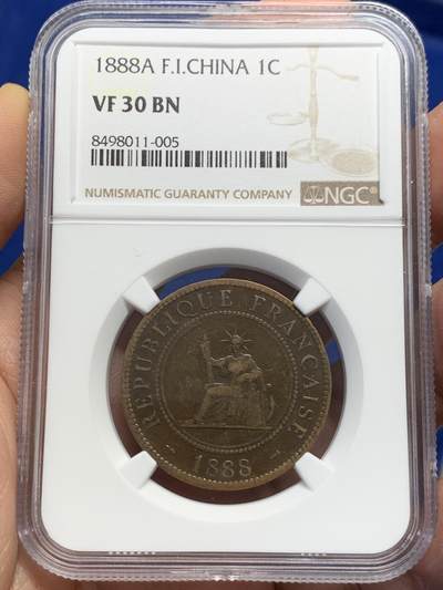 《竞宝斋》第441场 周日，周一，2场连拍 （全场包邮） - NGC VF30BN 法属印支殖民地1888年1分铜币，特殊年份，少见带中文汉字的外国铜币