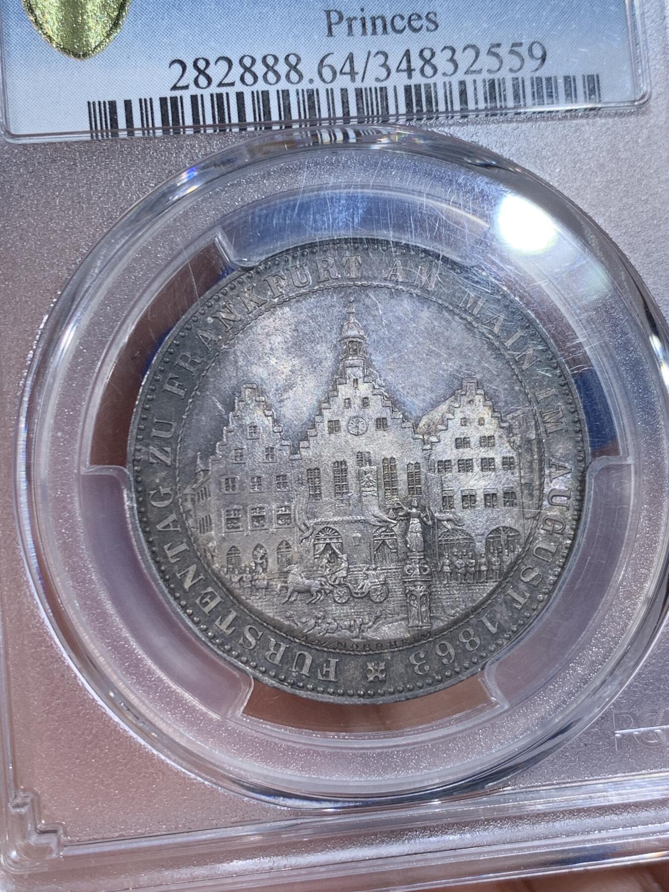 《竞宝斋》第441场 周日，周一，2场连拍 （全场包邮） PCGS MS64 德国1863年法兰克福王子会议泰勒 五彩包浆非常给力的状态