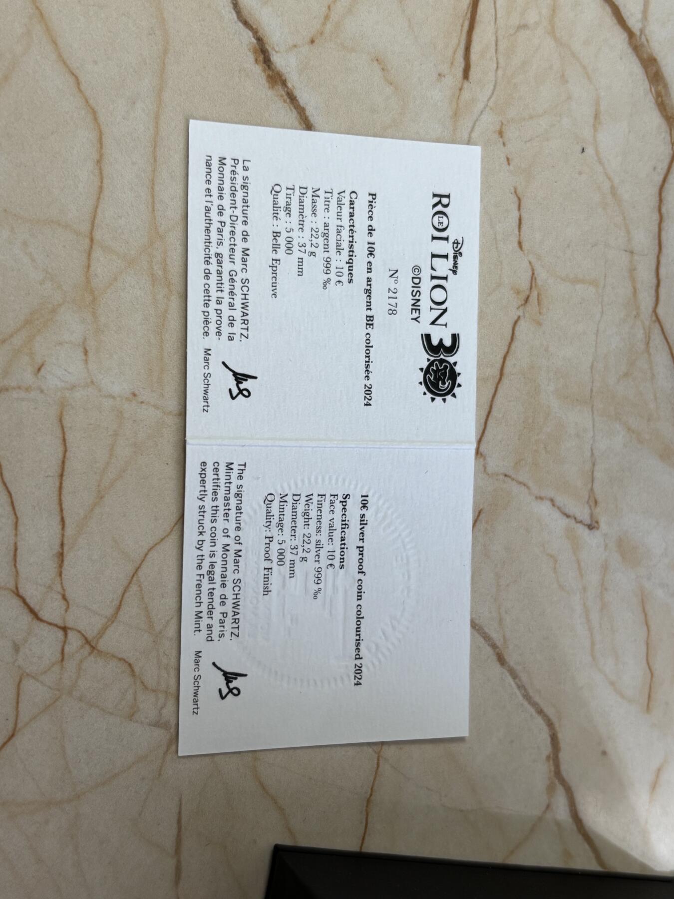 第183期拍卖 法国2024年狮子王彩色纪念银币，22.2克，999银，发行5000枚